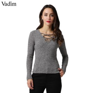 Vadim women sexy v neck knitted sweater bandage pullover lace up Elastic low cut cross bodycon long sleeve casual tops SW867