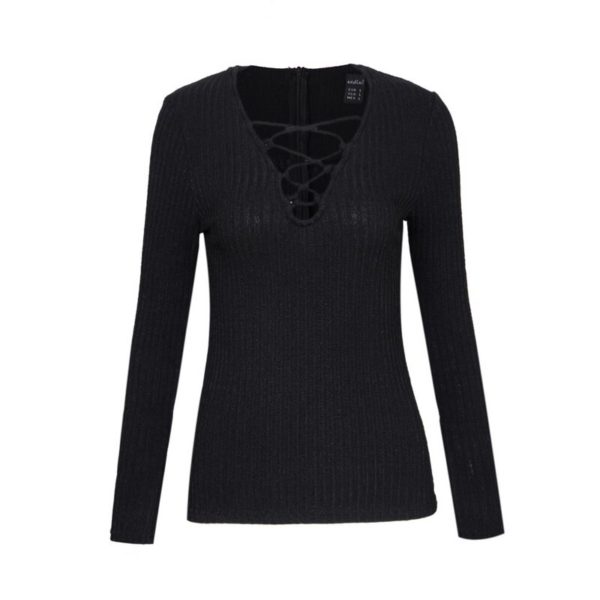 Vadim women sexy v neck knitted sweater bandage pullover lace up Elastic low cut cross bodycon long sleeve casual tops SW867 - Image 5