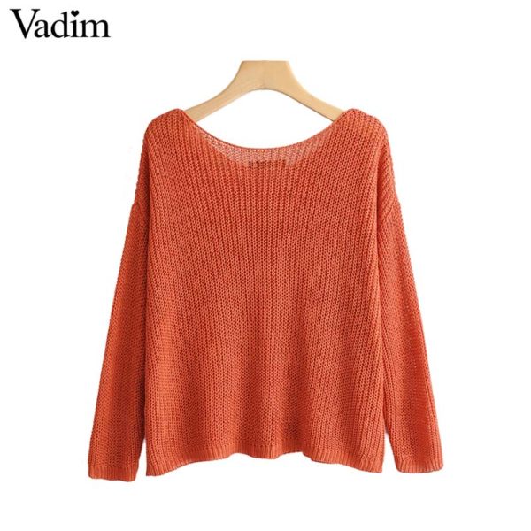Vadim women solid knitted V neck sweater long sleeve see through loose shirts female casual elegant tops blusas HA391 - Image 3