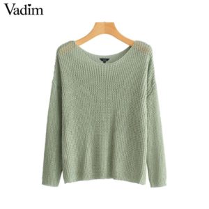 Vadim women solid knitted V neck sweater long sleeve see through loose shirts female casual elegant tops blusas HA391