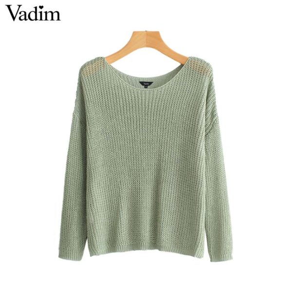 Vadim women solid knitted V neck sweater long sleeve see through loose shirts female casual elegant tops blusas HA391
