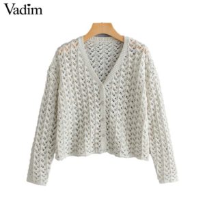 Vadim women solid knitted short cardigans hollow out sexy V neck single breasted female casual thin outwear sweater HA397