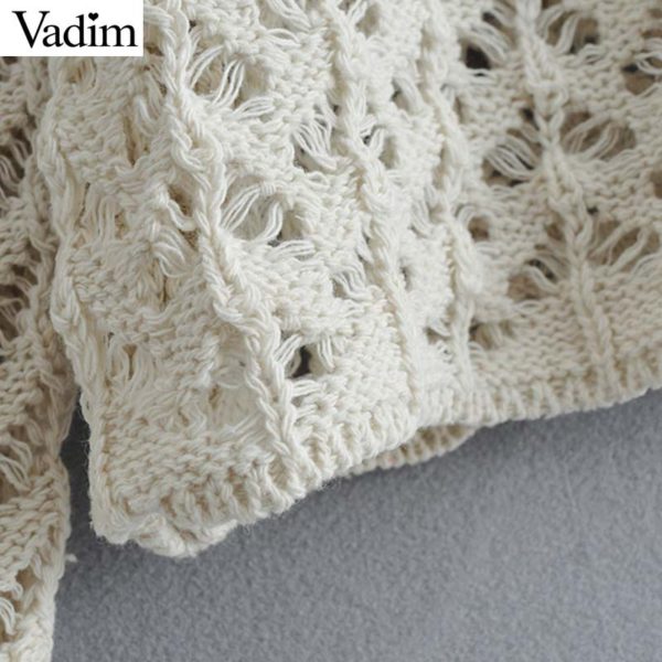 Vadim women solid knitted short cardigans hollow out sexy V neck single breasted female casual thin outwear sweater HA397 - Image 5