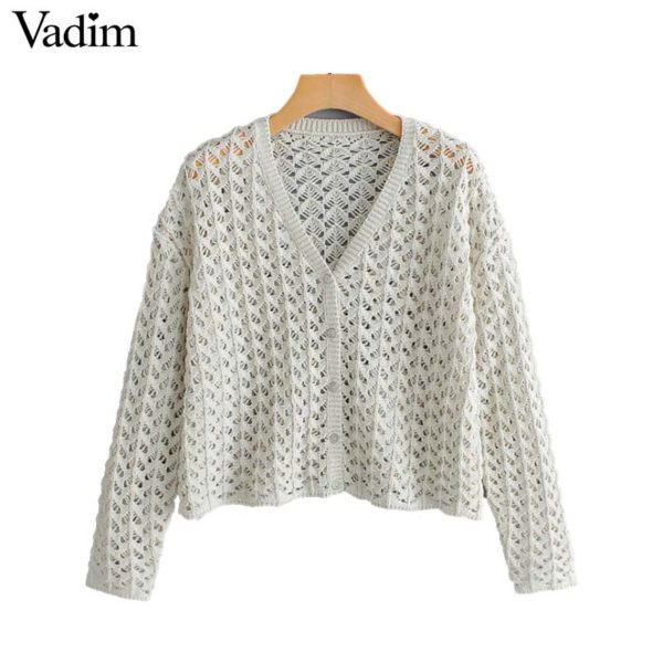 Vadim women solid knitted short cardigans hollow out sexy V neck single breasted female casual thin outwear sweater HA397