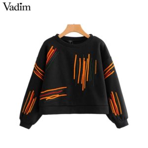 Vadim women striped embroidery loose short sweatshirts oversized long sleeve o neck pullovers female casual chic tops HA150