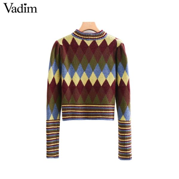 Vadim women sweet geometric pattern knitted sweater shot style long sleeve retro elastic pullovers female cute chic tops HA106 - Image 2