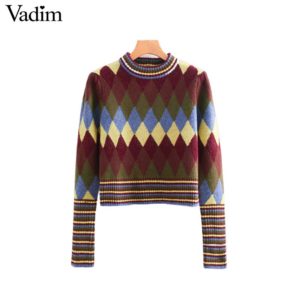 Vadim women sweet geometric pattern knitted sweater shot style long sleeve retro elastic pullovers female cute chic tops HA106