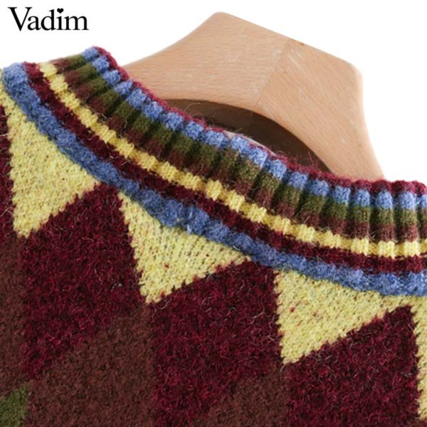 Vadim women sweet geometric pattern knitted sweater shot style long sleeve retro elastic pullovers female cute chic tops HA106 - Image 5