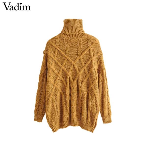 Vadim women turtleneck oversized knitted sweater long sleeve stretchy solid pullovers female cozy warm casual loose top HA220 - Image 2