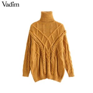 Vadim women turtleneck oversized knitted sweater long sleeve stretchy solid pullovers female cozy warm casual loose top HA220