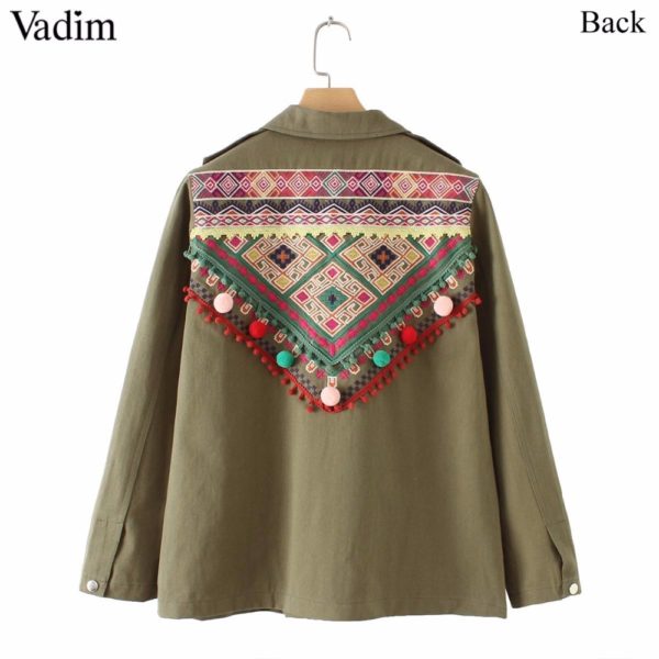 Vadim women vintage embroidery jacket coat fur ball patchwork pockets long sleeve pleated coats casual tops CA095 - Image 3