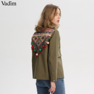 Vadim women vintage embroidery jacket coat fur ball patchwork pockets long sleeve pleated coats casual tops CA095
