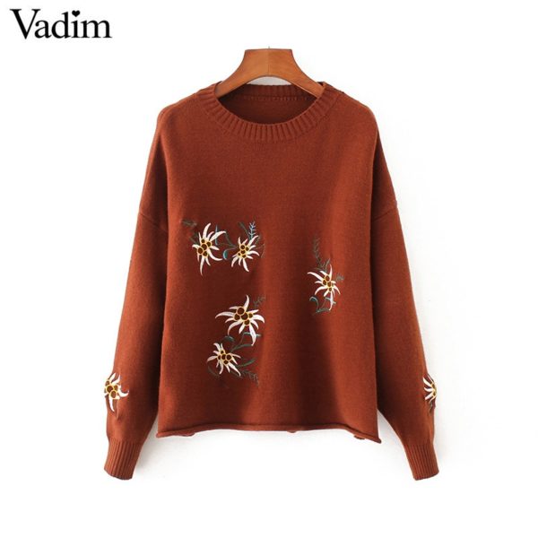 Vadim women vintage floral embroidery knitted oversized sweaters o neck long sleeve pullover loose autumn chic tops SW1268 - Image 2