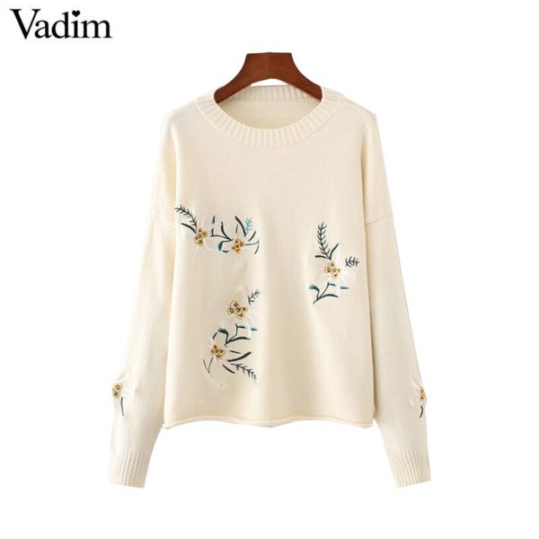 Vadim women vintage floral embroidery knitted oversized sweaters o neck long sleeve pullover loose autumn chic tops SW1268 - Image 3