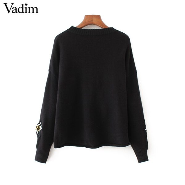 Vadim women vintage floral embroidery knitted oversized sweaters o neck long sleeve pullover loose autumn chic tops SW1268 - Image 4