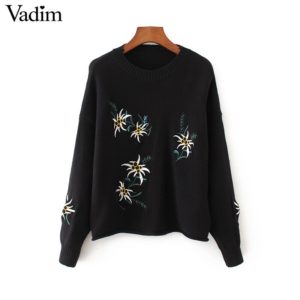 Vadim women vintage floral embroidery knitted oversized sweaters o neck long sleeve pullover loose autumn chic tops SW1268
