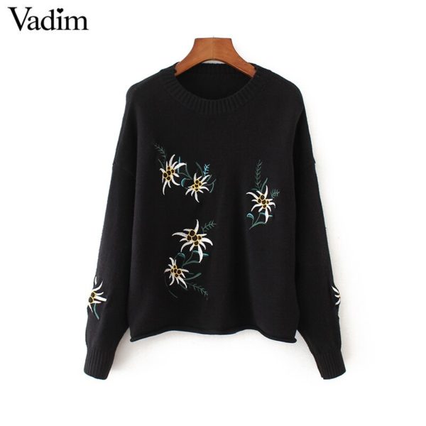 Vadim women vintage floral embroidery knitted oversized sweaters o neck long sleeve pullover loose autumn chic tops SW1268