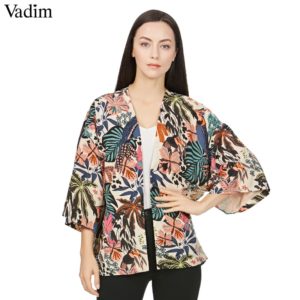 Vadim women vintage floral loose kimono shirts oversized open stitch coat ladies European style casual fashion tops CT1461