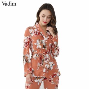 Vadim women vintage floral print blazer Notched collar sashes long sleeve coat casual outerwear casaco feminine tops CT1452