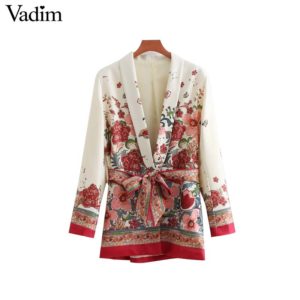 Vadim women vintage floral print blazer bow tie sashes long sleeve coat female retro chic outerwear casaco feminine tops CA014
