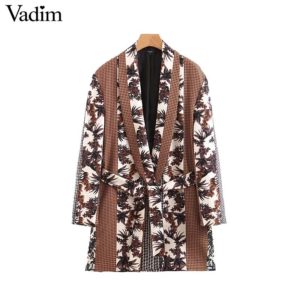 Vadim women vintage floral print blazer sashes patchwork long sleeve office wear coat vintage outerwear tops CA477