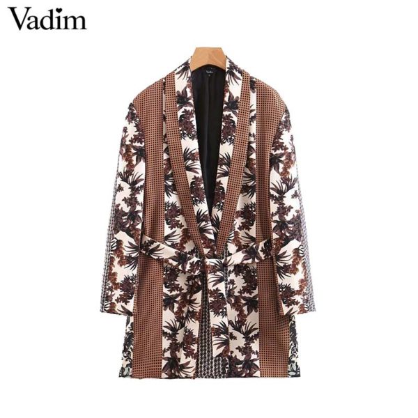 Vadim women vintage floral print blazer sashes patchwork long sleeve office wear coat vintage outerwear tops CA477