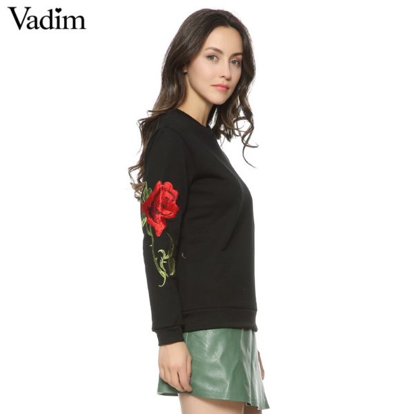 Women Embroidery floral black White sweatshirts long sleeve elegant warm winter pullover vintage O-neck casual tops SW901 - Image 2