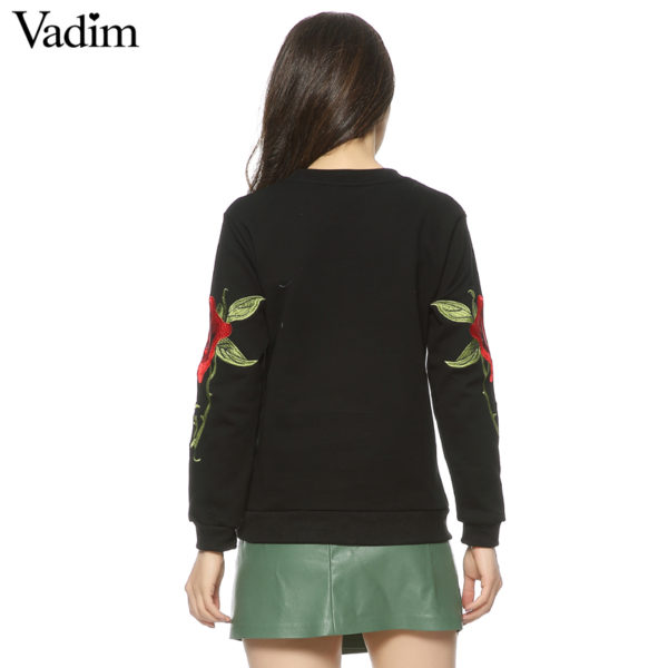 Women Embroidery floral black White sweatshirts long sleeve elegant warm winter pullover vintage O-neck casual tops SW901 - Image 3