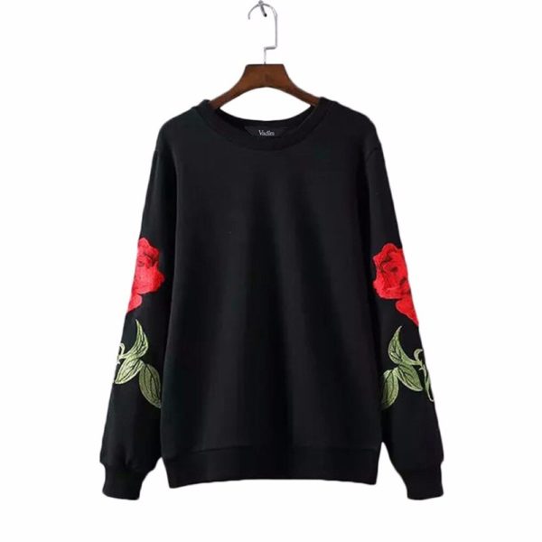 Women Embroidery floral black White sweatshirts long sleeve elegant warm winter pullover vintage O-neck casual tops SW901 - Image 4