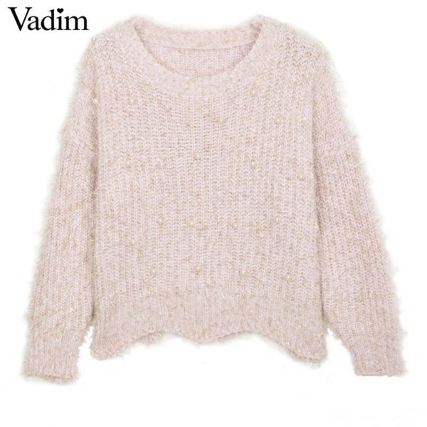 Women fluffy pearl beading sweaters oversized cute sweet basic long sleeve  thick winter loose pullover female casual tops ZC057 - Image 2