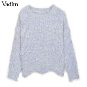 Women fluffy pearl beading sweaters oversized cute sweet basic long sleeve  thick winter loose pullover female casual tops ZC057