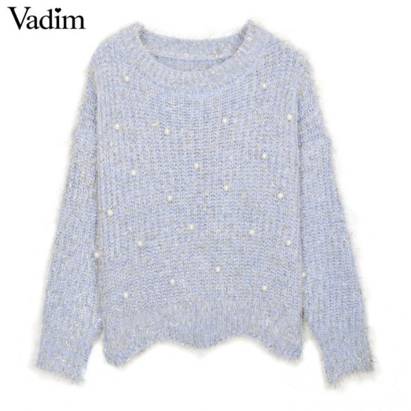Women fluffy pearl beading sweaters oversized cute sweet basic long sleeve  thick winter loose pullover female casual tops ZC057