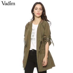 Women hooded long trench casual loose long sleeve solid coats casaco feminine Adjustable Waist street wear tops CT1083