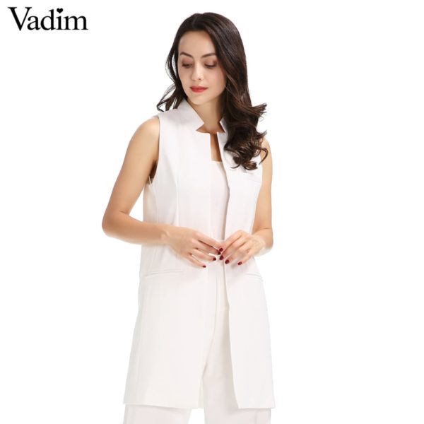 Women white black long vest coat Europen style waistcoat sleeveless jacket back split outwear casual top Roupa Female MJ62 - Image 2