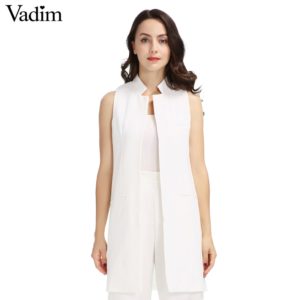 Women white black long vest coat Europen style waistcoat sleeveless jacket back split outwear casual top Roupa Female MJ62